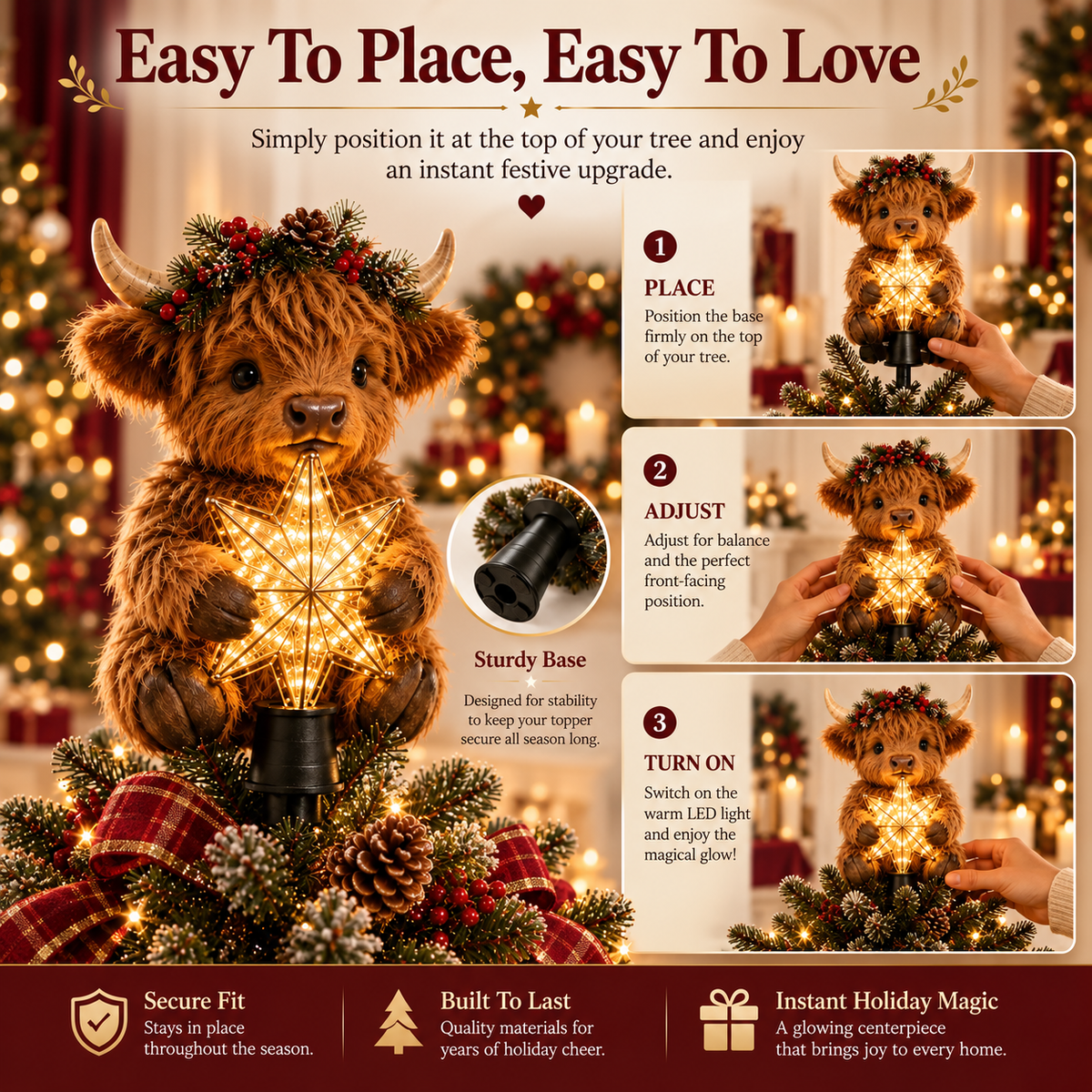 Baby Highland Cow Christmas Tree Topper with Glowing Star