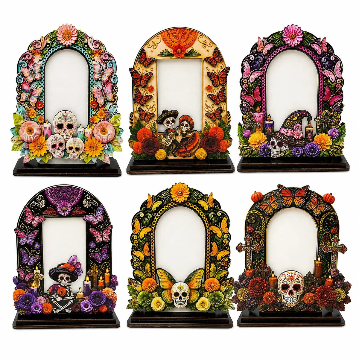 π DAY OF THE DEAD DECOR | 6 Wooden Memorial Photo Frames β Colorful Ofrenda Picture Frame Set with Floral Details