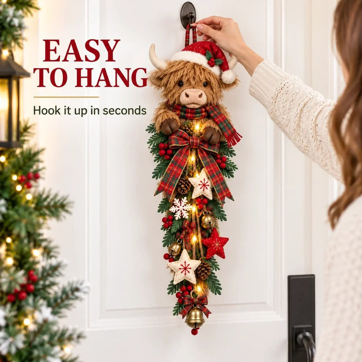 ๐ฎ๐ Lighted Highland Cow Christmas Door Swag โ A Cozy Holiday Welcome