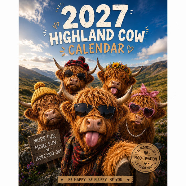 2027 Funny Highland Cow Wall Calendar | A4 Hanging Calendar | Designed by Isabel Kline