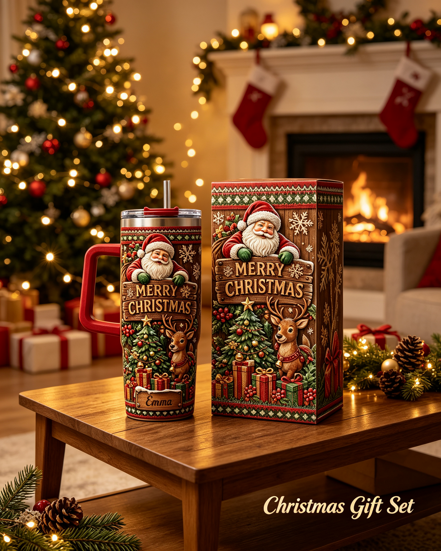 Personalized Merry Christmas Santa Reindeer 40oz Tumbler with Handle β Custom Name Holiday Gift ππ¦