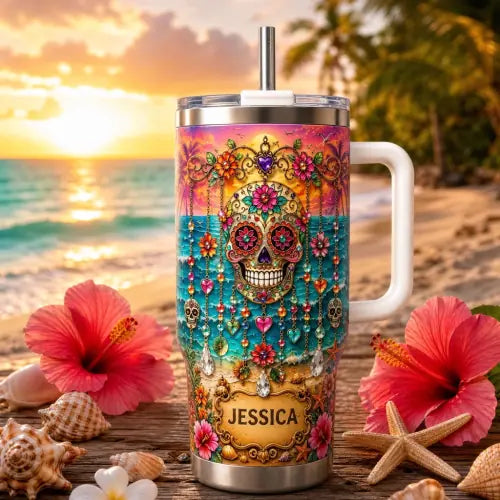 Personalized Sugar Skull Beach Tumbler With Name š“š