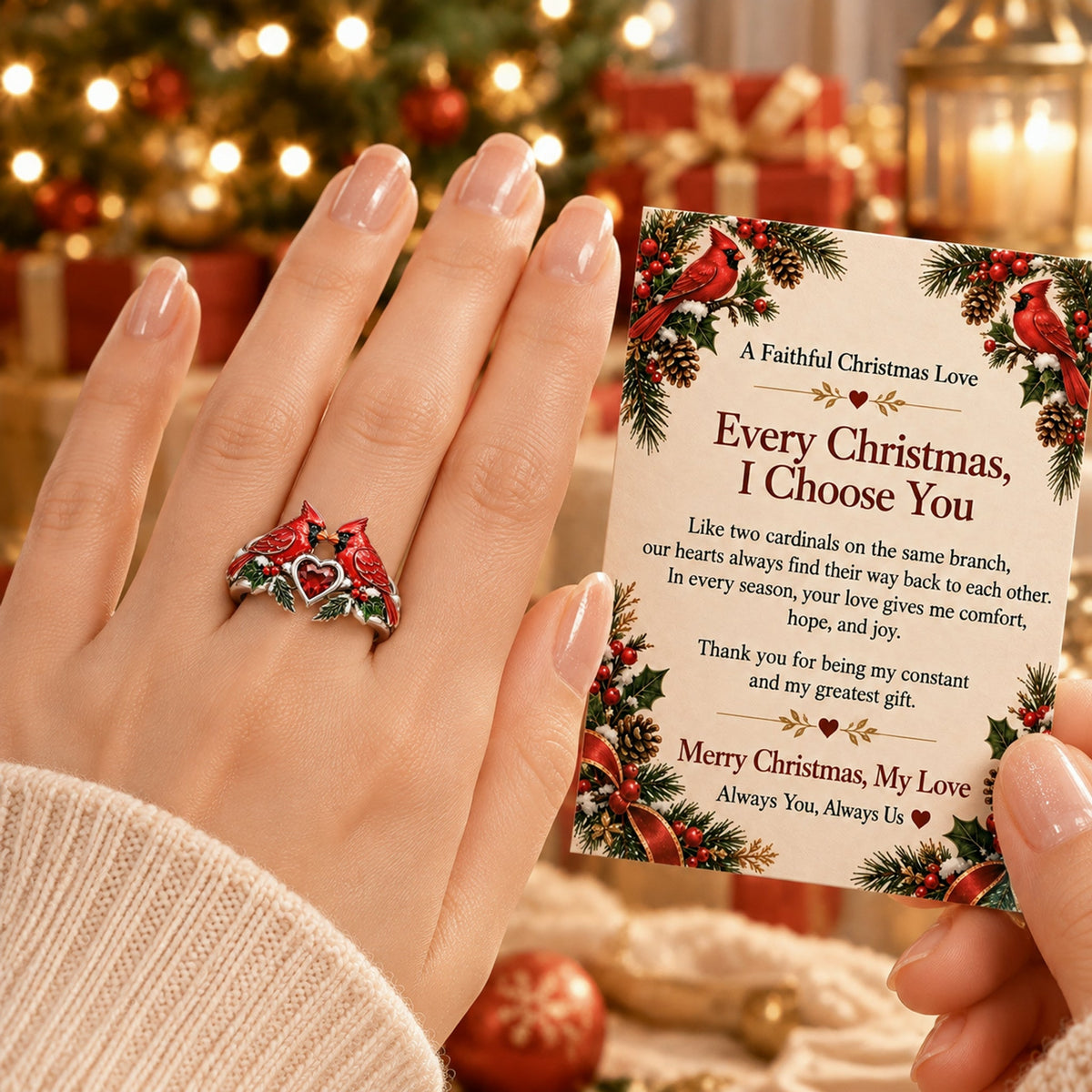 π¦ Cardinal Couple Christmas Ring with Message Card
