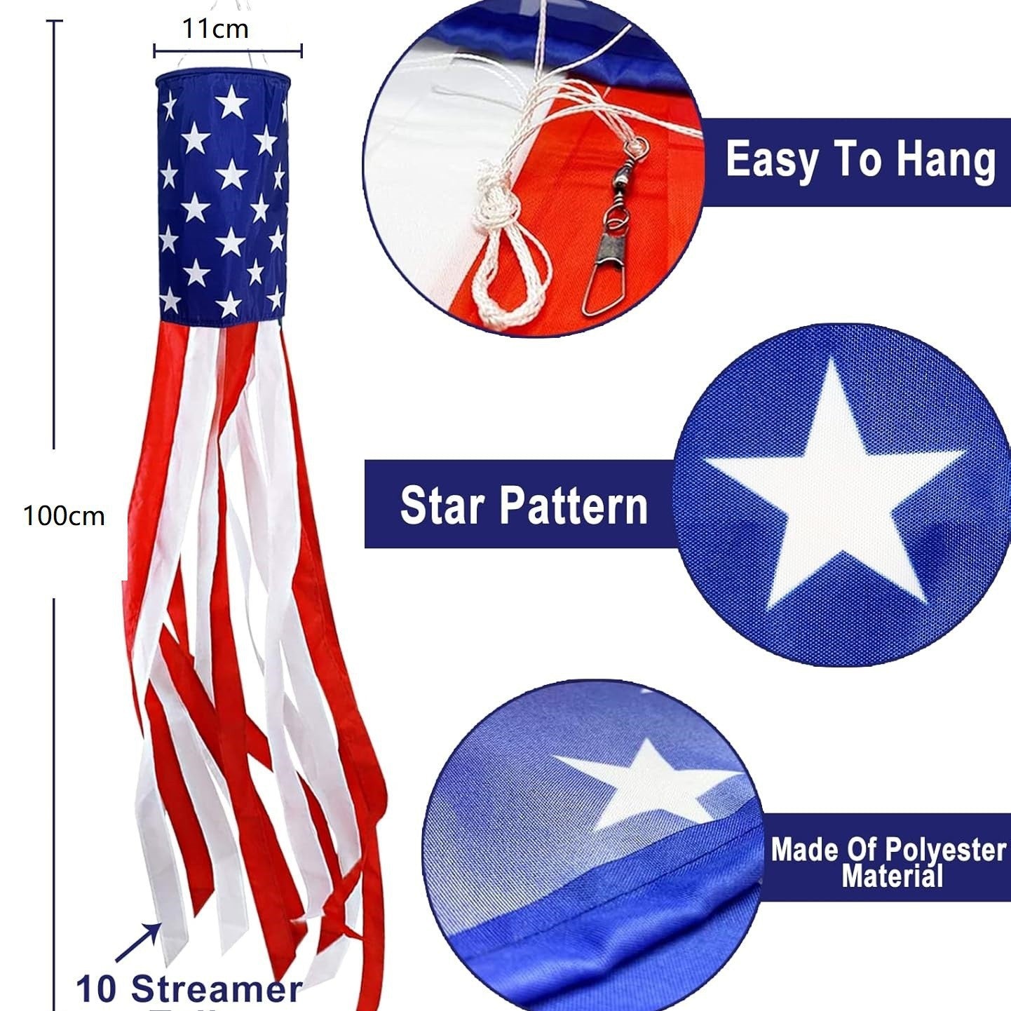 ππ3 Pack 50 Inch Large American Flag Windsocks with Red White Blue Lights