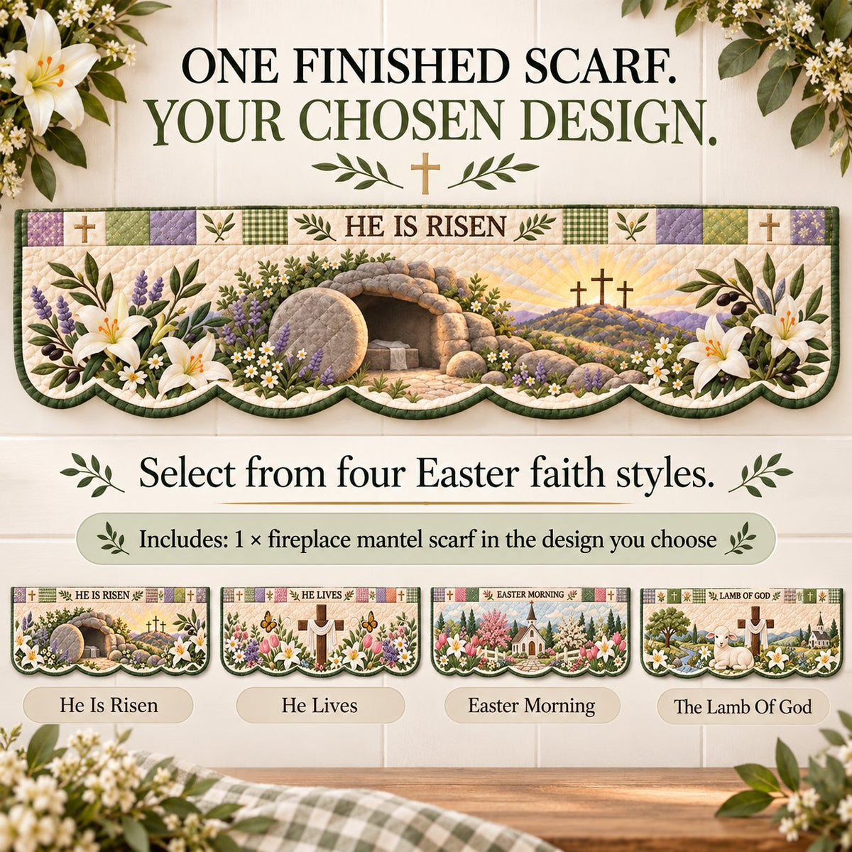 ⏳ Last Day 50% OFF – ✝️ Easter Faith Quilted Mantel Scarf | Patchwork Christian Fireplace Décor for Spring & Easter 🌷