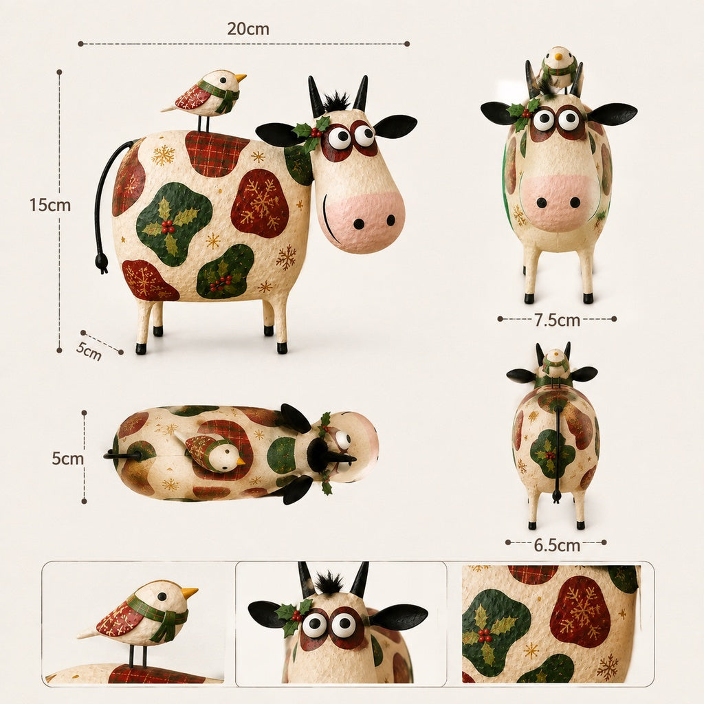 Whimsical Cow & Bird Folk Art Figurine – Rustic Farmhouse Tabletop Decor Gift
