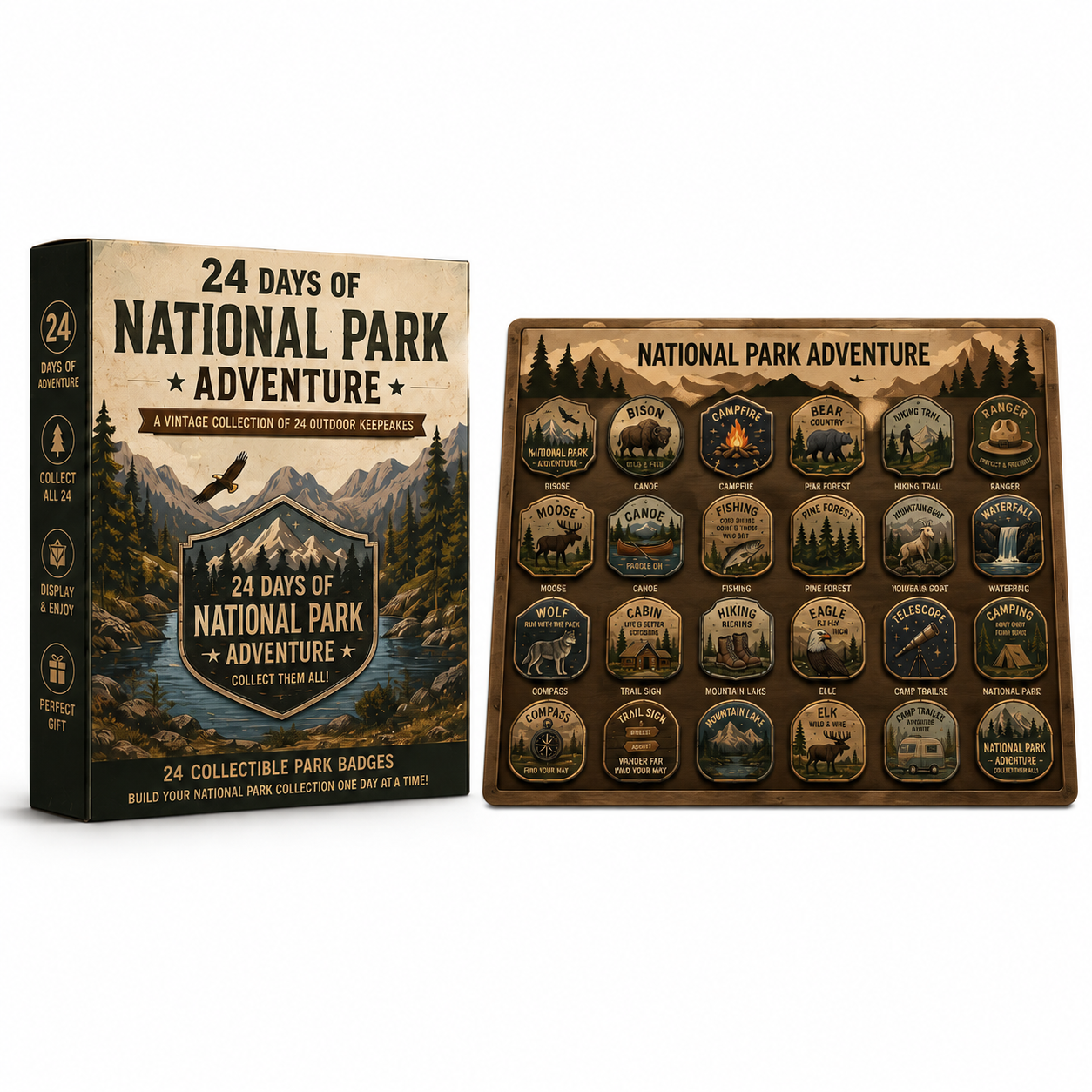 National Park Adventure Advent Calendar 🦅 24 Vintage Collectible Badges Christmas Countdown Gift for Outdoor Lovers