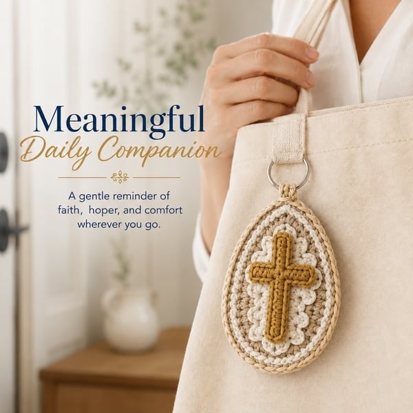 π Handmade Marian Crochet Keychain Keepsake | Soft Blue-and-White Yarn, Raised Oval Crochet Frame & Metal Split Ring πβ¨