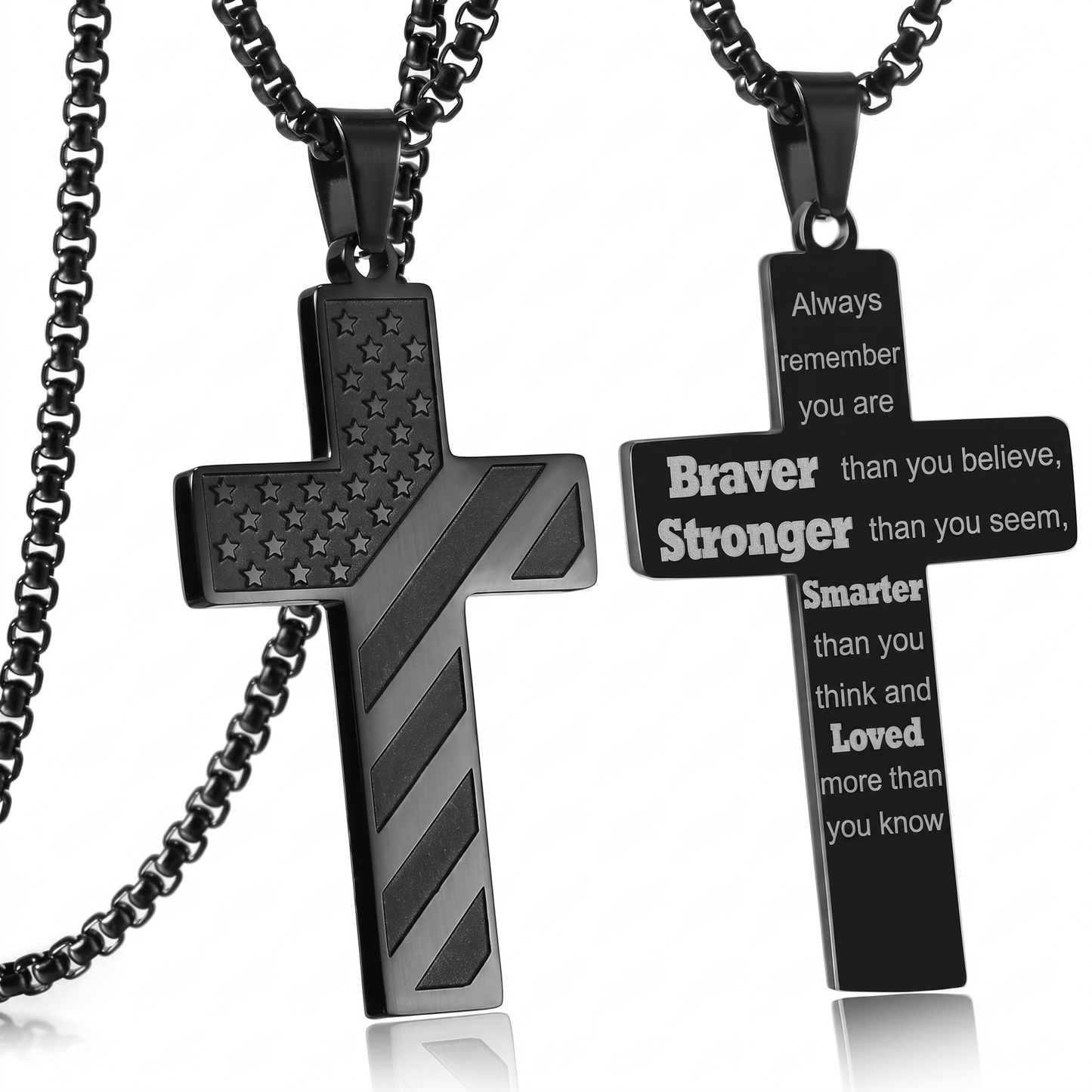 Men’s American Flag Cross Necklace | Wear Your Faith & Inner Strength ✝︎ Braver Stronger Smarter Loved Engraved Pendant