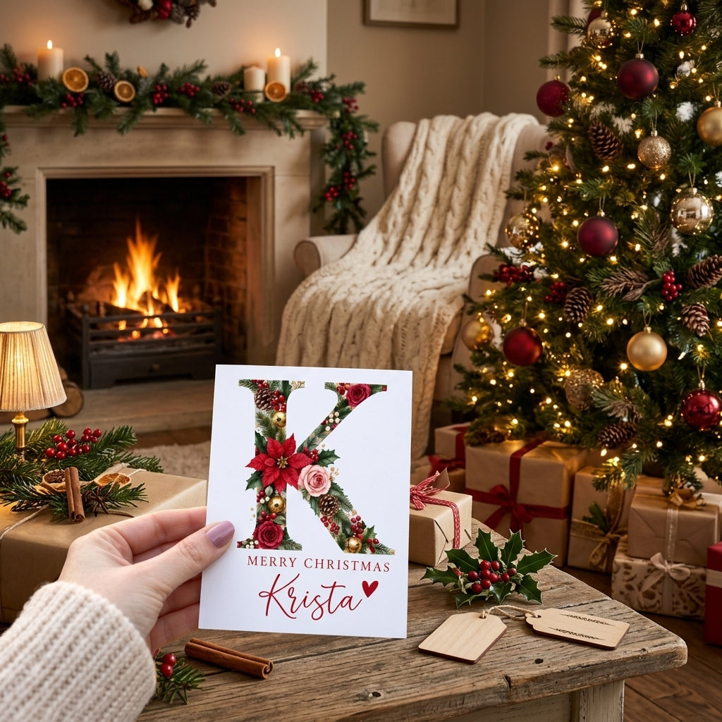 Personalized Christmas Initial Greeting Card – Custom Name Floral Holiday Card