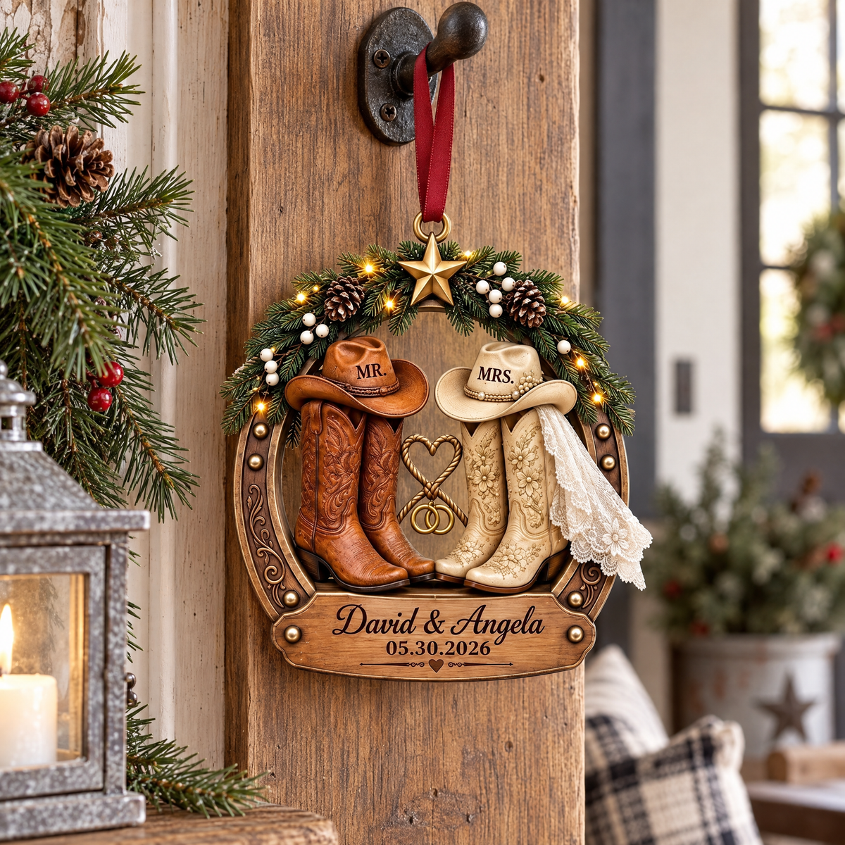 Personalized Mr & Mrs Cowboy Couple Horseshoe Ornament