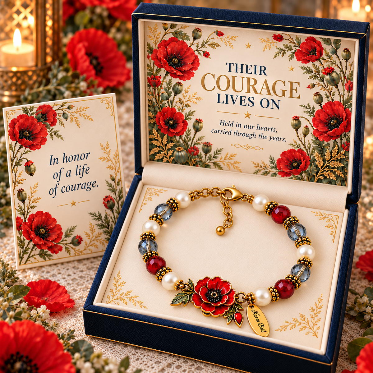 🌺 Personalized "Courage Lives On" Poppy Memorial Bracelet & Keepsake Box Set 🕊️