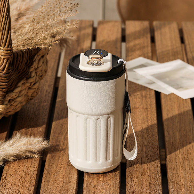Smart Temperature Display Travel Mug – 450ml Insulated Coffee Cup with Carry Strap