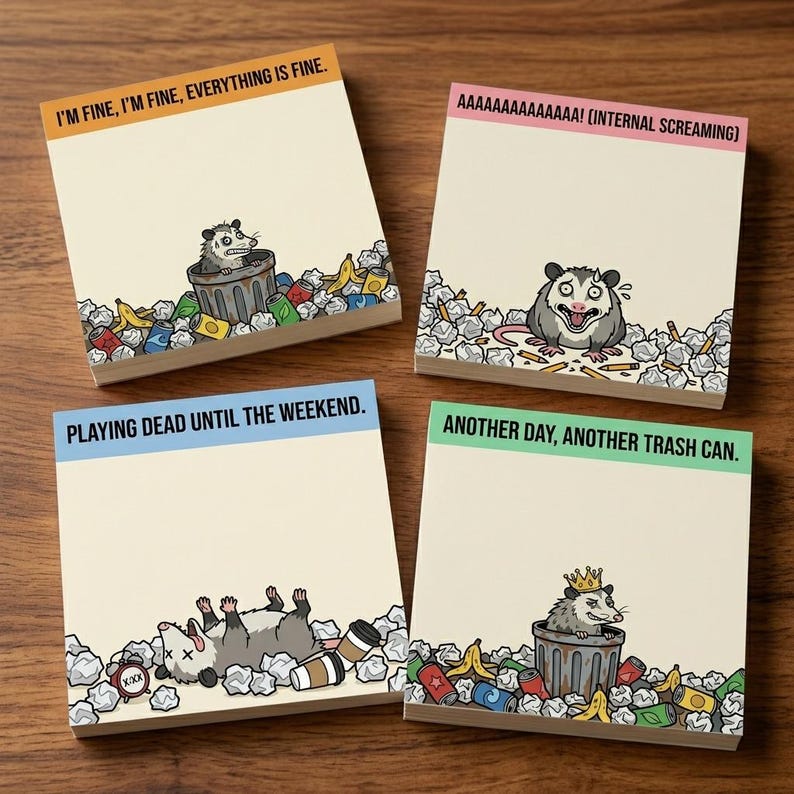 The "Relatable Opossum" Sticky Note Set (4-Pack) 🐾🗑️ | Funny Office Desk Accessories &amp; Coworker Gag Gift