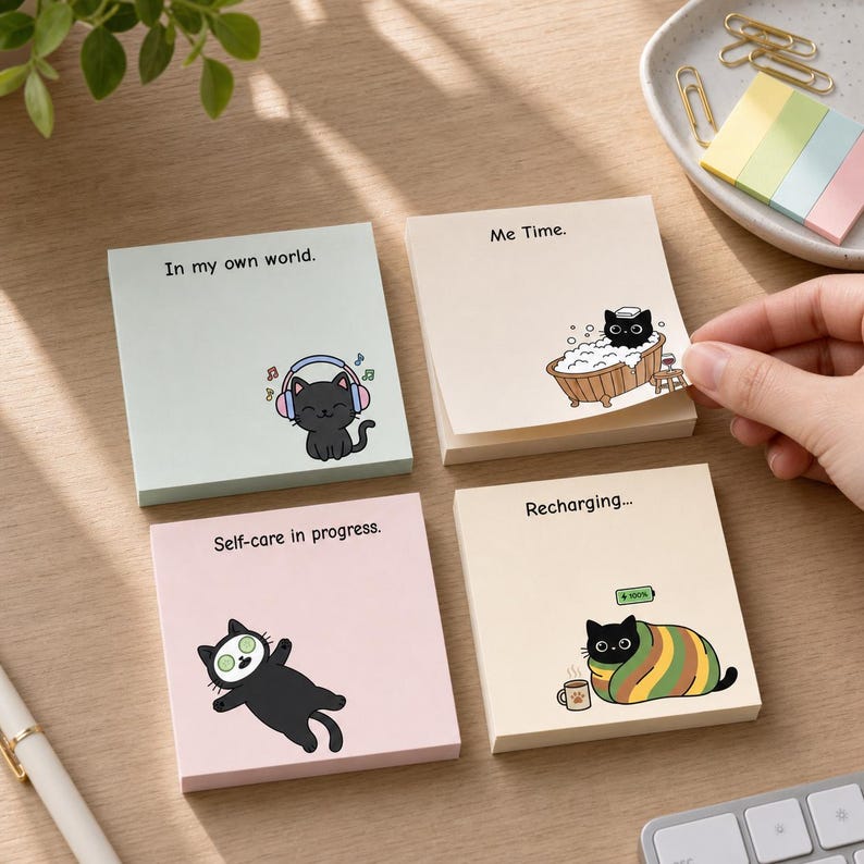 Black Cat Self-Care Sticky Notes, Cozy Introvert Desk Pad (4 Pack)