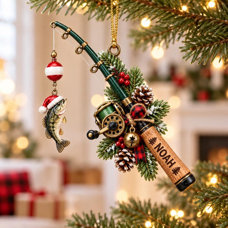 🎣 Personalized Fishing Christmas Ornament with Hanging Cord