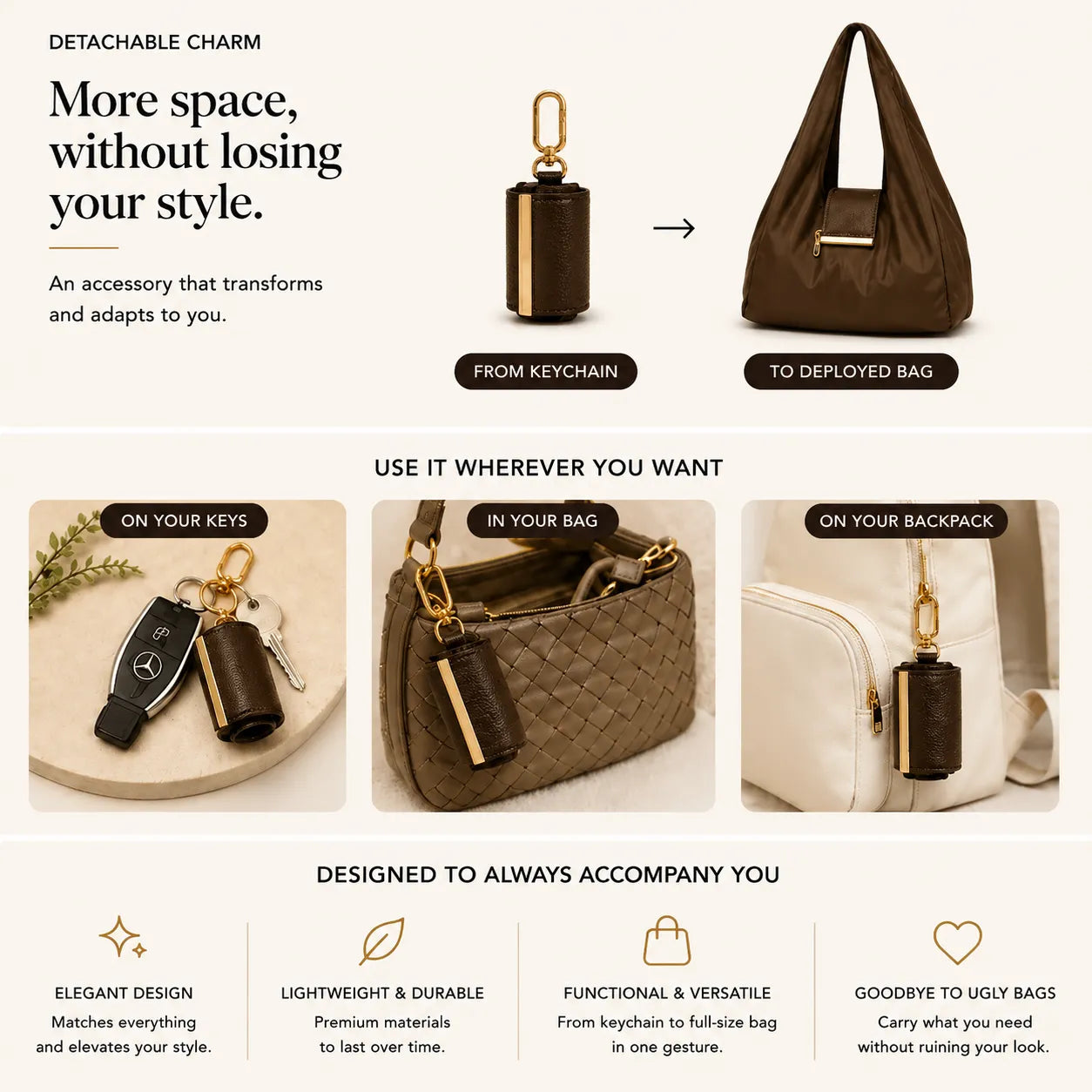 Transformable Bag – Stylish Vegan Leather Tote & Keychain Charm