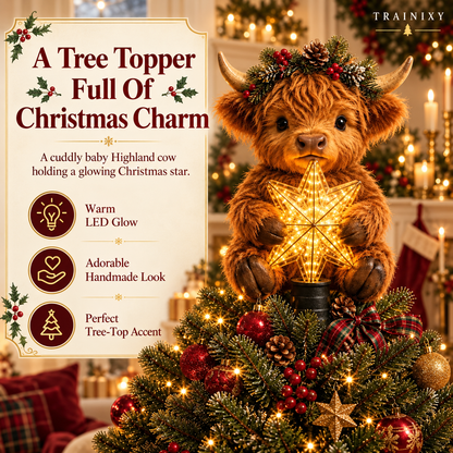 Baby Highland Cow Christmas Tree Topper with Glowing Star