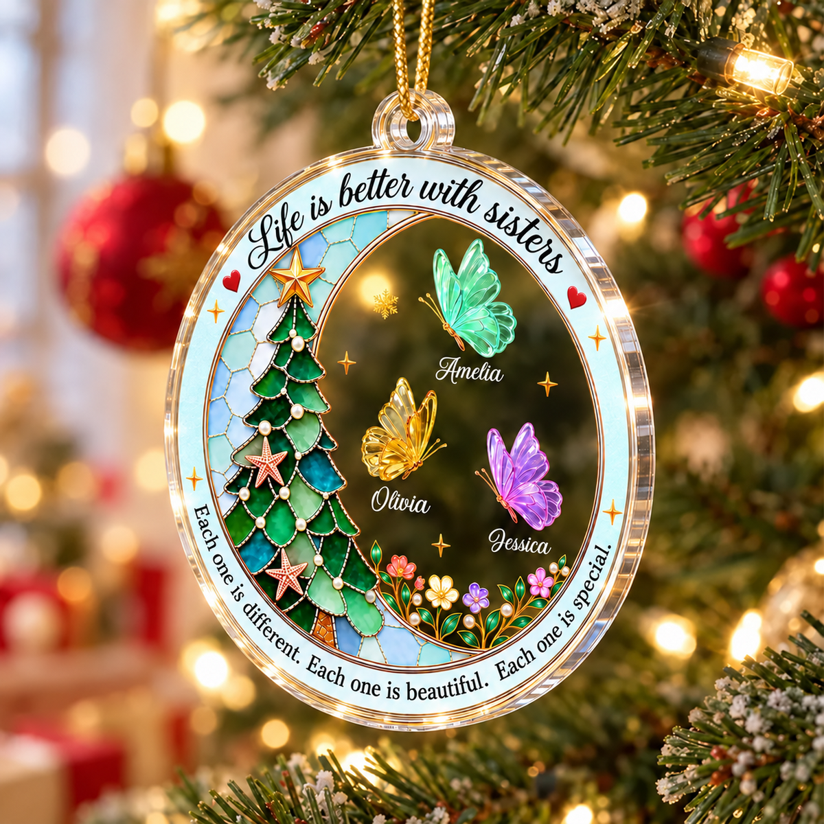 Personalized Sisters Christmas Ornament – Custom Butterfly Names Acrylic Ornament