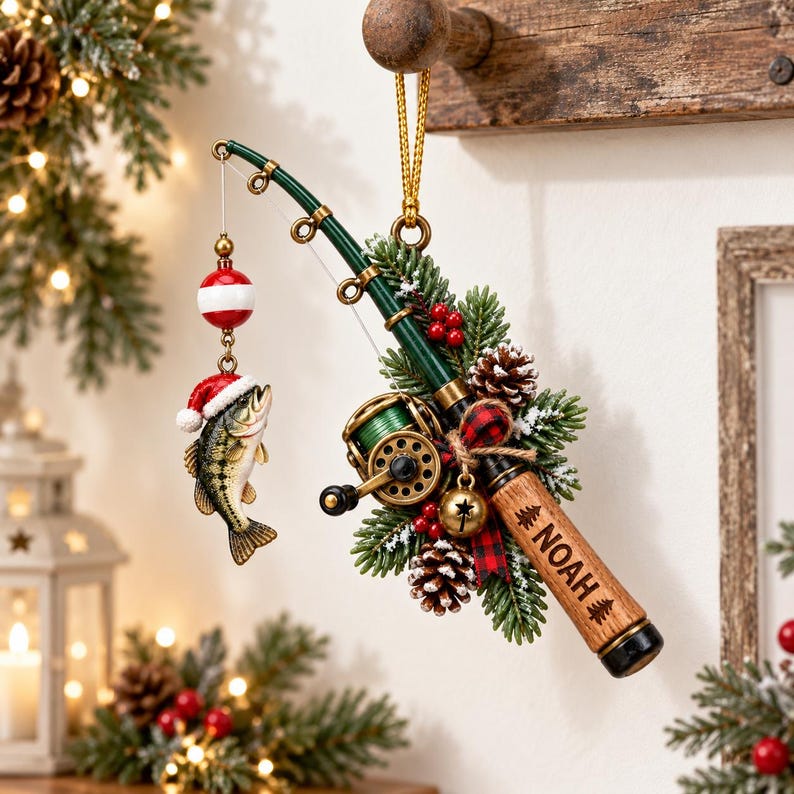 🎣 Personalized Fishing Christmas Ornament with Hanging Cord