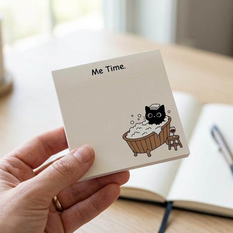Black Cat Self-Care Sticky Notes, Cozy Introvert Desk Pad (4 Pack)