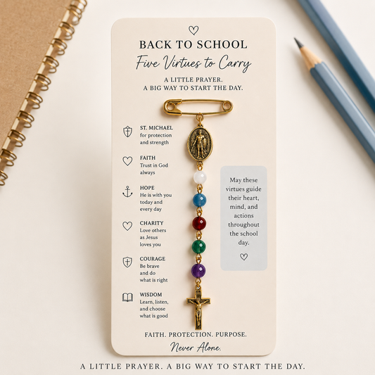 ✨ "Five Virtues to Carry" Back-to-School Blessing keychain & Prayer Card