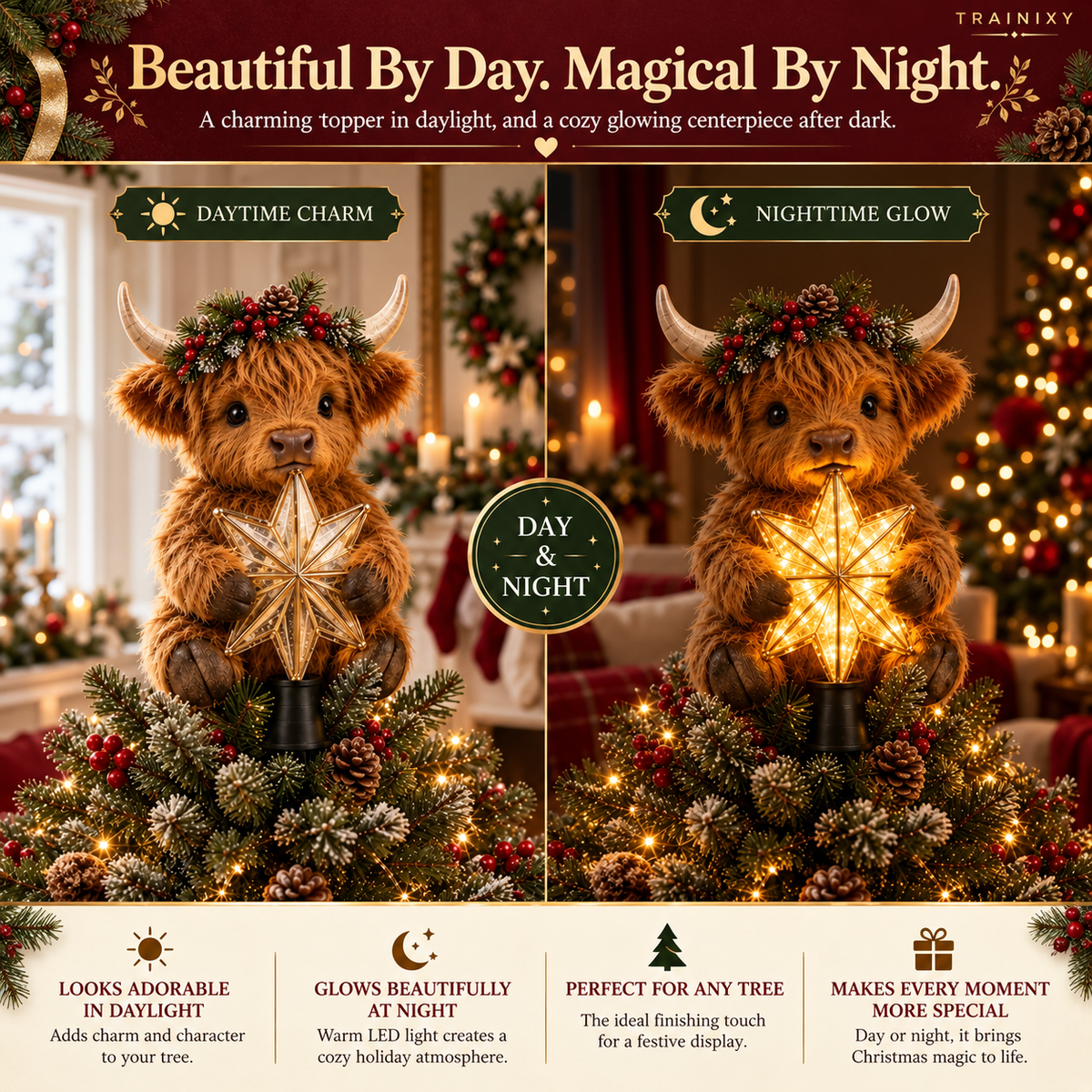 Baby Highland Cow Christmas Tree Topper with Glowing Star