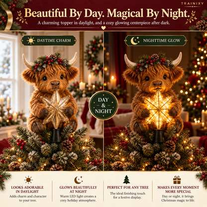 Baby Highland Cow Christmas Tree Topper with Glowing Star