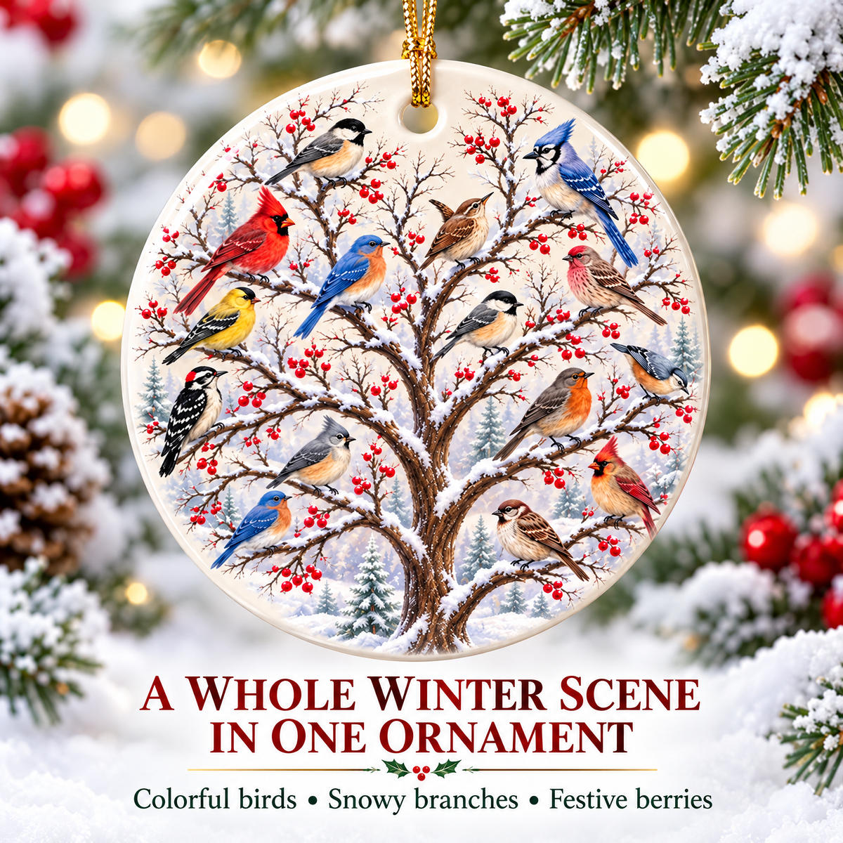 🐦 Winter Birds Ceramic Christmas Ornament