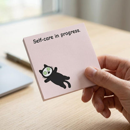 Black Cat Self-Care Sticky Notes, Cozy Introvert Desk Pad (4 Pack)