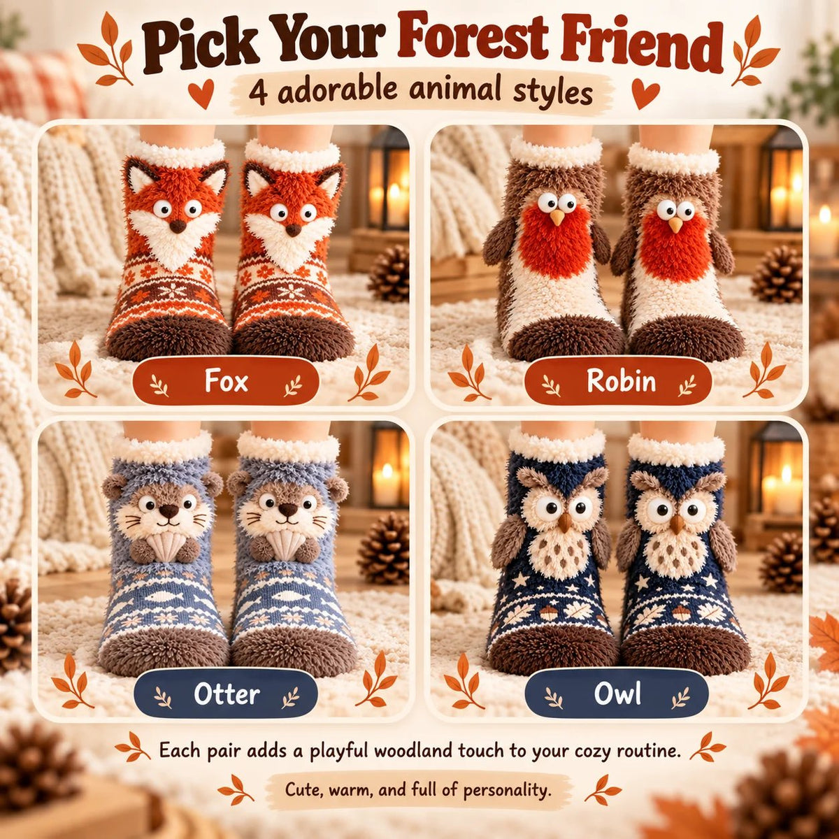 🦊🐦 Cozy 3D Animal Fuzzy Slipper Socks – Cute & Warm House Socks 🦦🦉