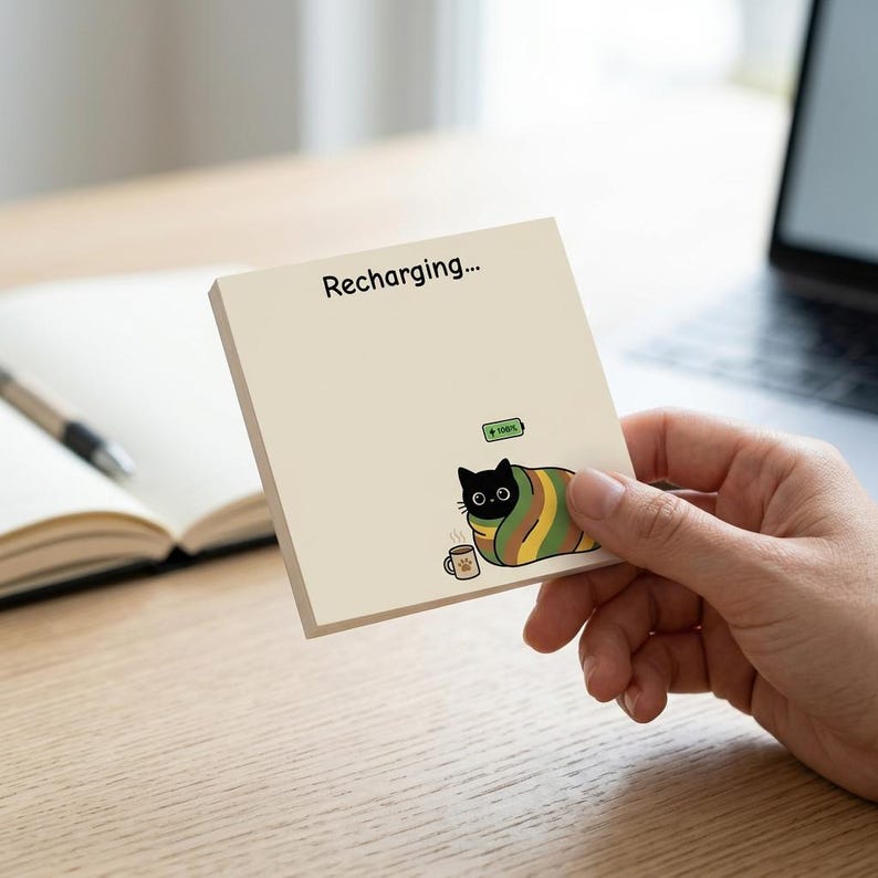 Black Cat Self-Care Sticky Notes, Cozy Introvert Desk Pad (4 Pack)