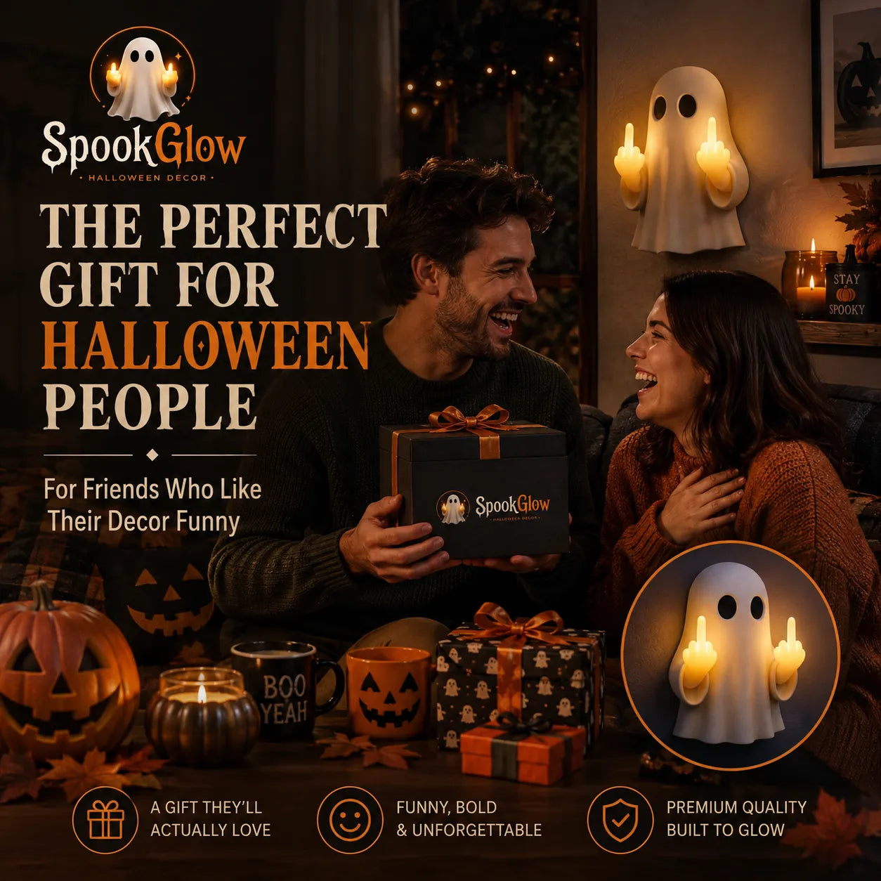 👻SpookGlow Funny Middle‐Finger Ghost Wall Decor✨