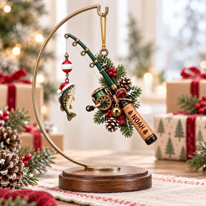 🎣 Personalized Fishing Christmas Ornament with Hanging Cord
