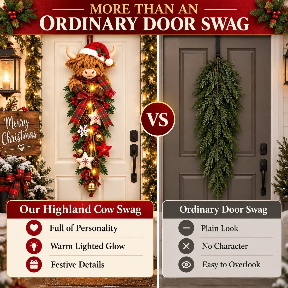 🐮🎄 Lighted Highland Cow Christmas Door Swag – A Cozy Holiday Welcome
