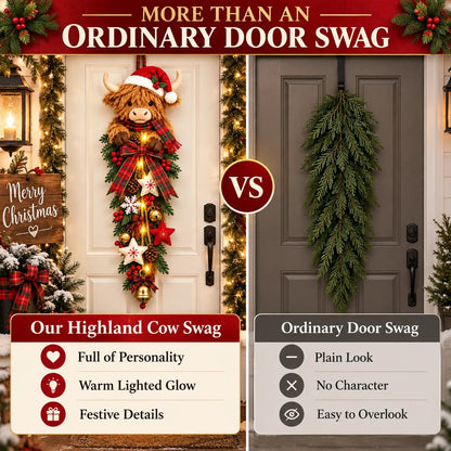 🐮🎄 Lighted Highland Cow Christmas Door Swag – A Cozy Holiday Welcome