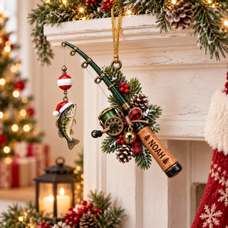 🎣 Personalized Fishing Christmas Ornament with Hanging Cord