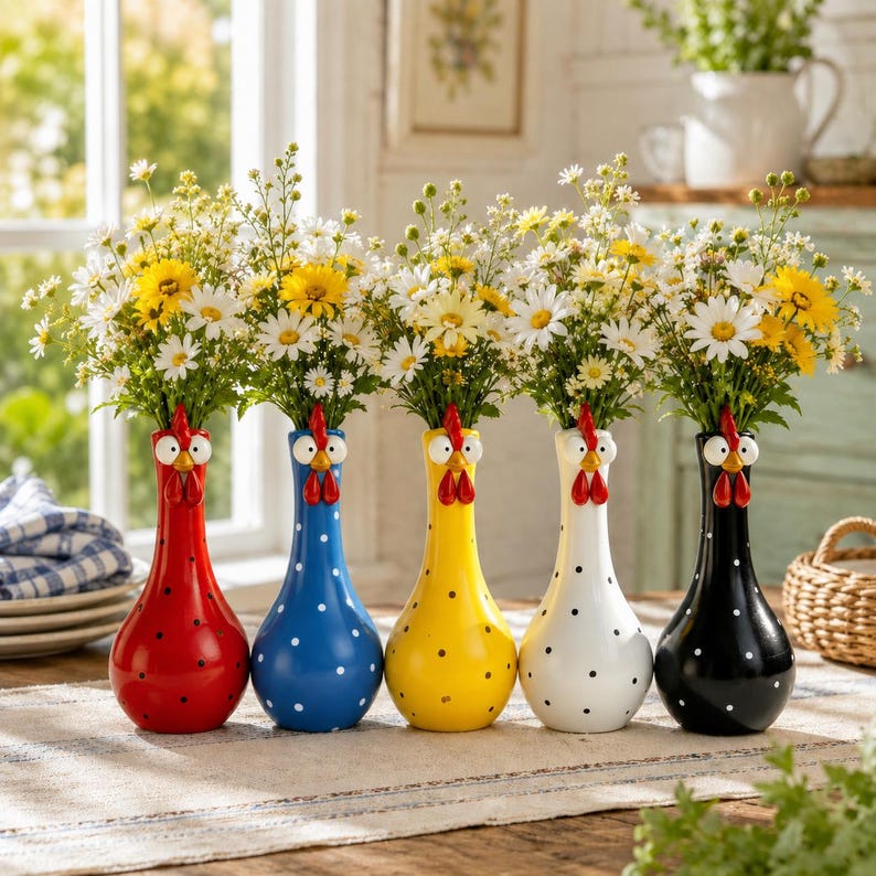 Chicken Resin Vase, Farmhouse Polka Dot Flower Holder, Farmhouse Kitchen Decor