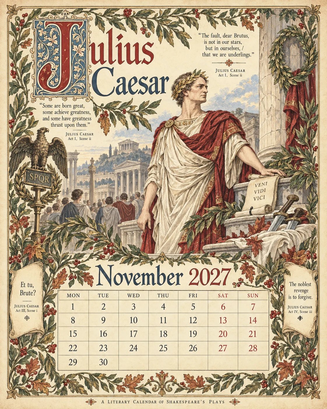 🎁A Shakespearean Year 2027 – 12 Plays Through the Seasons | Vintage Illustrated Wall Calendar