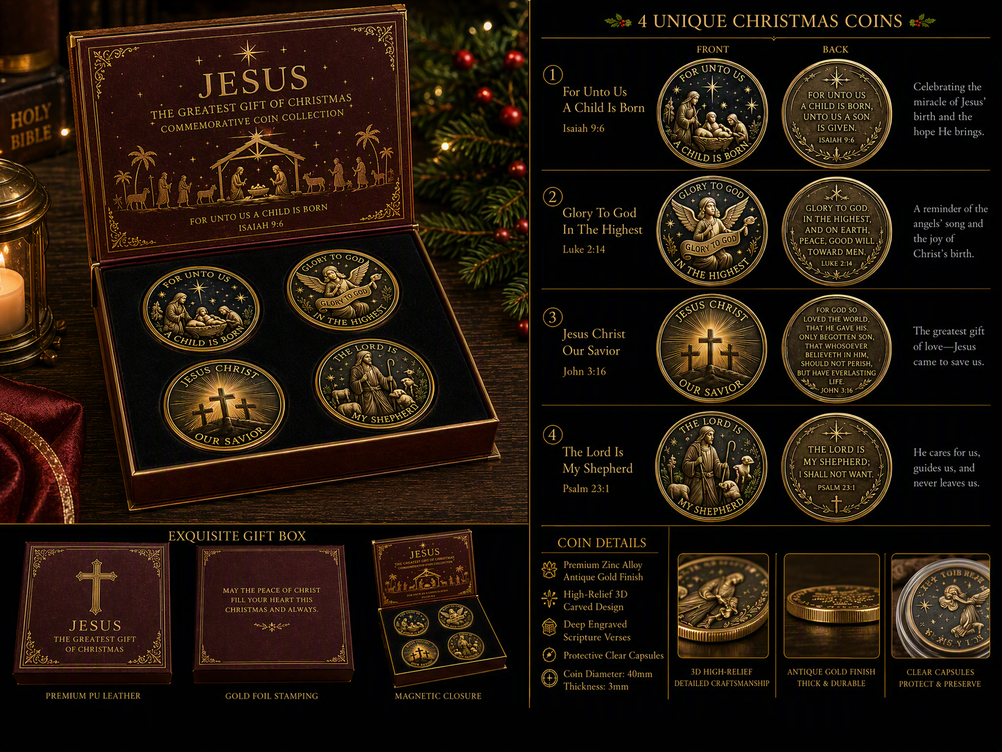 ✝️ Jesus Christmas Commemorative Coin Set | 4‑Piece Faith Collectible Coins Premium Magnetic Gift Box