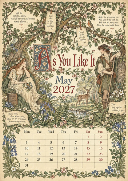 🎁A Shakespearean Year 2027 – 12 Plays Through the Seasons | Vintage Illustrated Wall Calendar