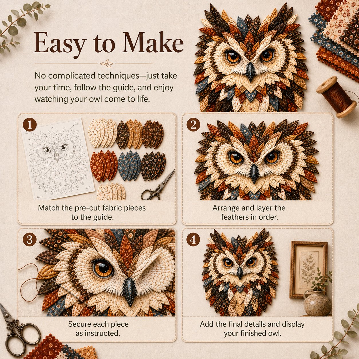💥 LAST DAY 49% OFF - 🦉 Layered Fabric Owl Wall Art DIY Kit – Relaxing Craft, Beautiful Results
