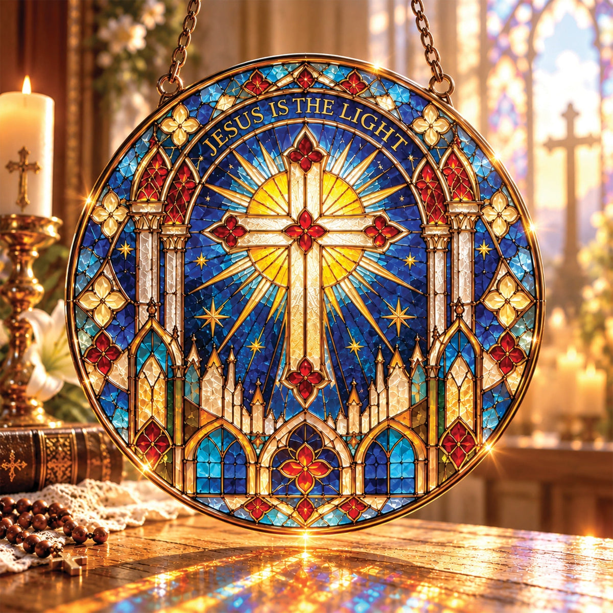 Christian Stained Glass Suncatcher – Faith Window Hanging Ornament with Bible Verse