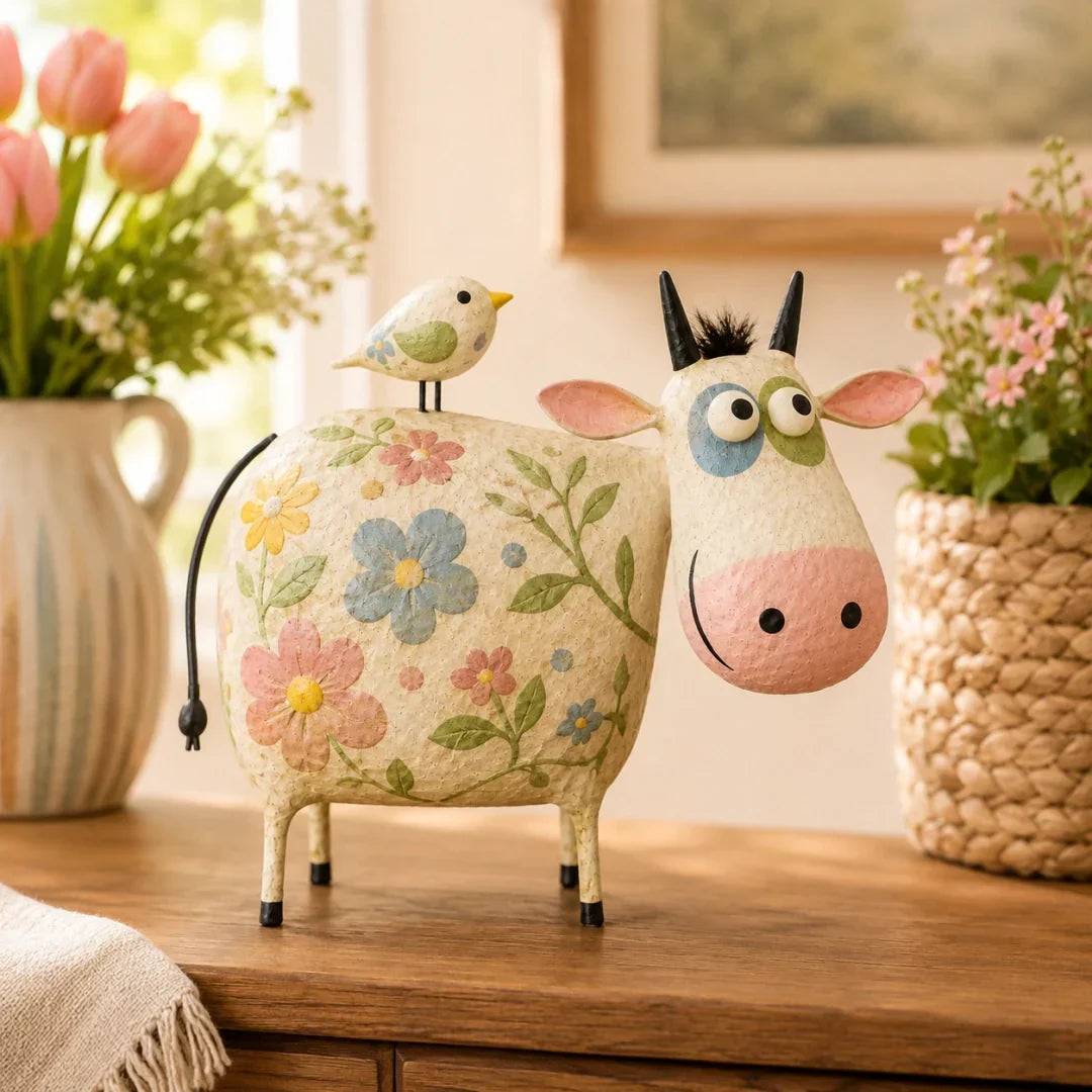 Whimsical Cow & Bird Folk Art Figurine – Rustic Farmhouse Tabletop Decor Gift