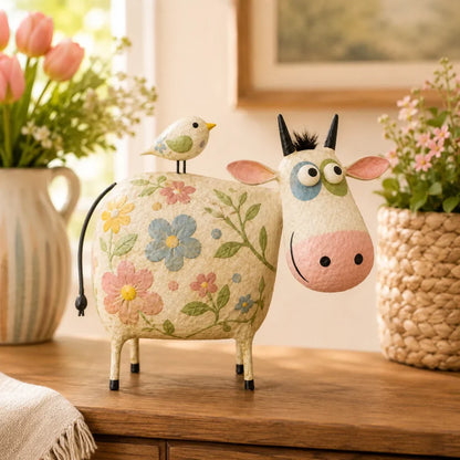 Whimsical Cow & Bird Folk Art Figurine – Rustic Farmhouse Tabletop Decor Gift