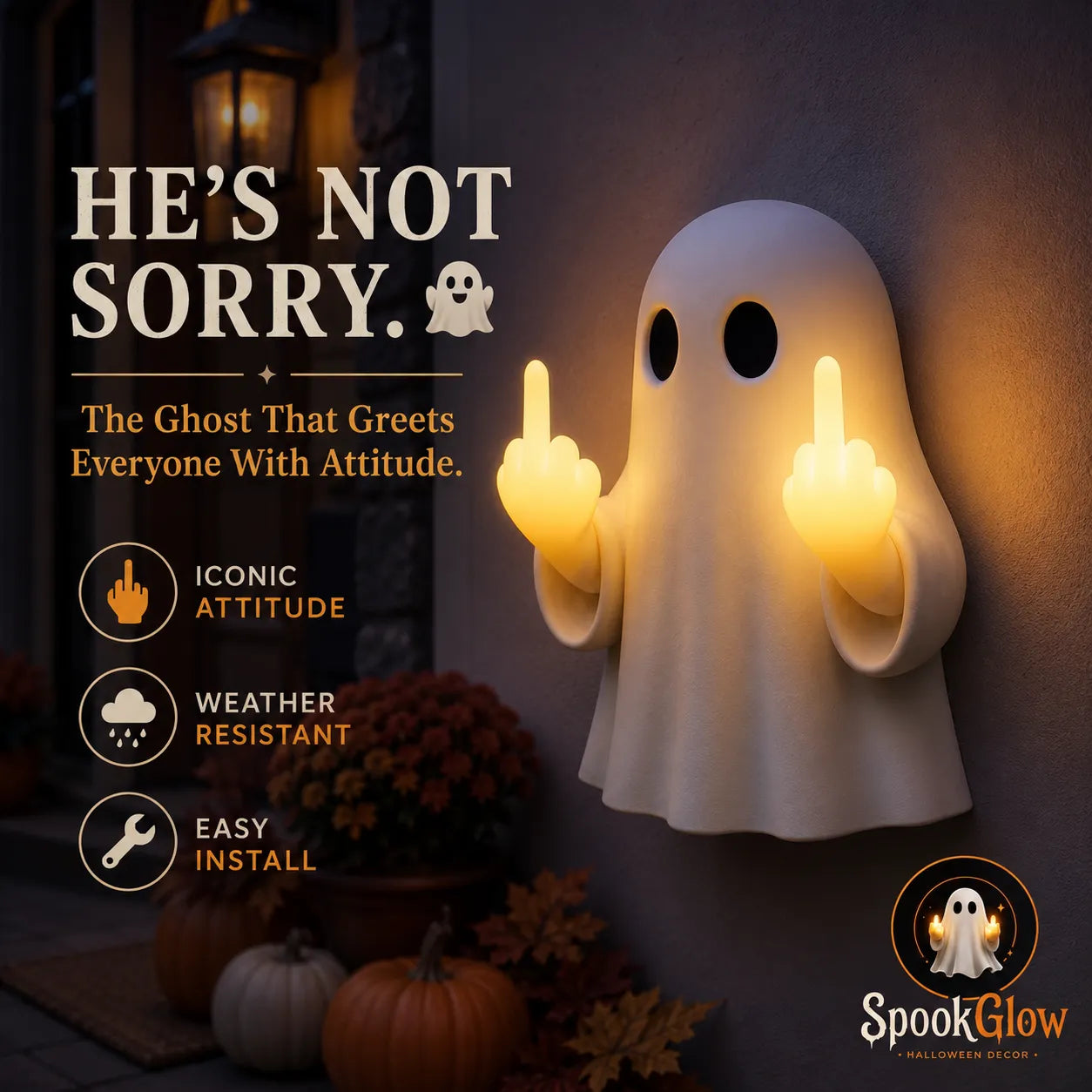 👻SpookGlow Funny Middle‐Finger Ghost Wall Decor✨
