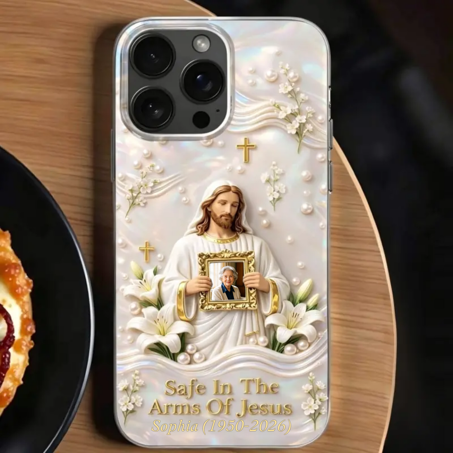 Safe in the Arms of Jesus" Personalized Memorial iPhone Case 🕊️🤍 | Custom Photo Keepsake