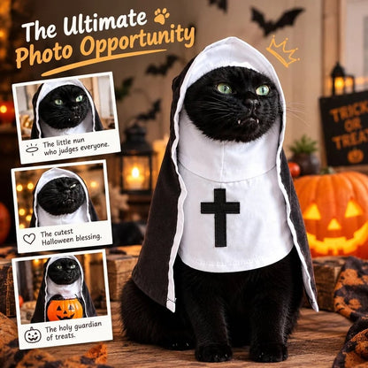 🐈‍⬛ Holy Cat Nun Costume – Funny Halloween Cat Outfit, Cute Black & White Pet Costume for Photos & Cat Lovers 🎃