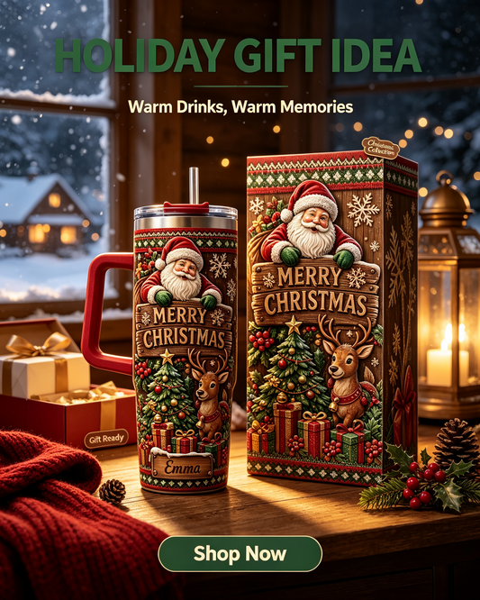 Personalized Merry Christmas Santa Reindeer 40oz Tumbler with Handle – Custom Name Holiday Gift 🎄🦌