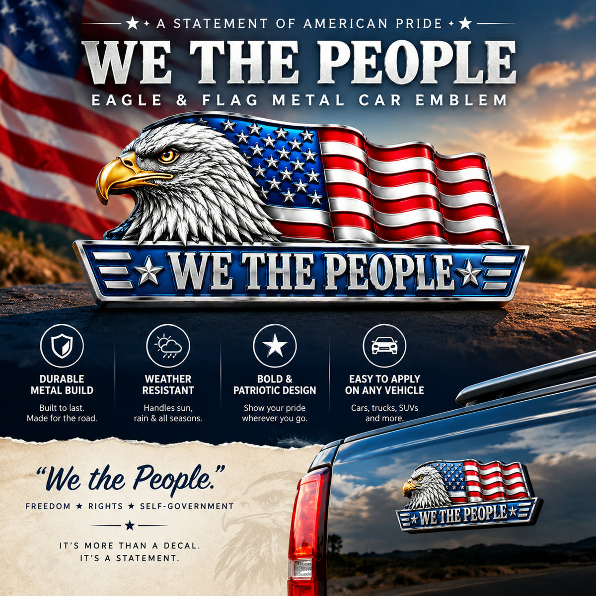 🇺🇸 "WE THE PEOPLE" Eagle & Flag Metal Car Emblem | A Statement of American Pride